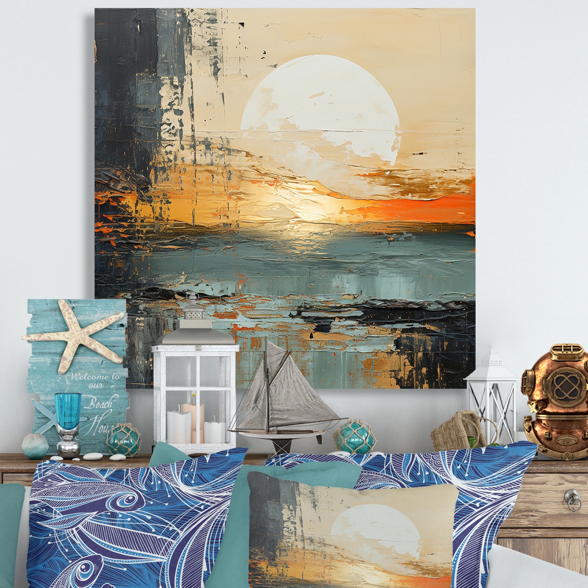 Designart "Modern Coastal Beige And Blue River I" Coastal Ocean Wall ...